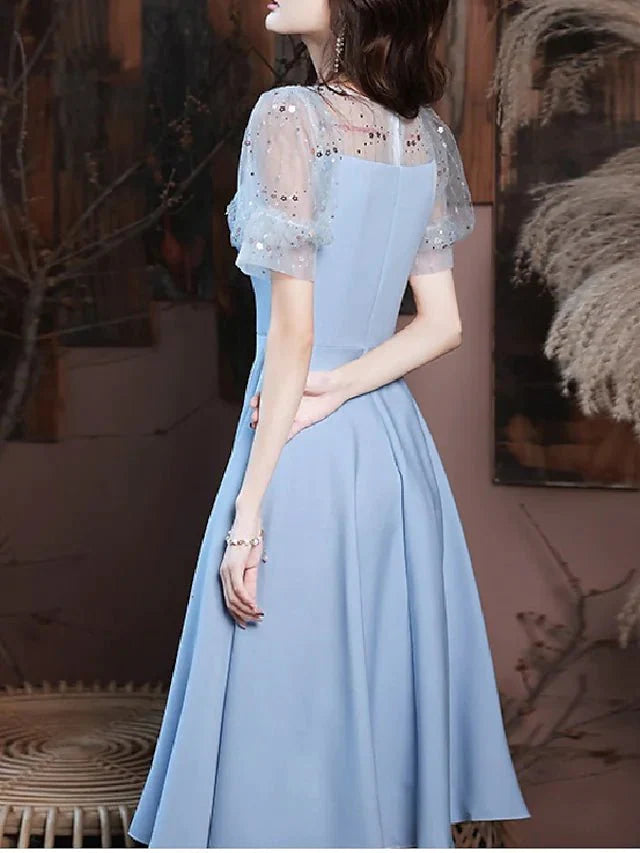A-Line Bridesmaid Dress Square Neck Short Sleeve Elegant Knee Length Satin with Buttons / Pleats - RongMoon