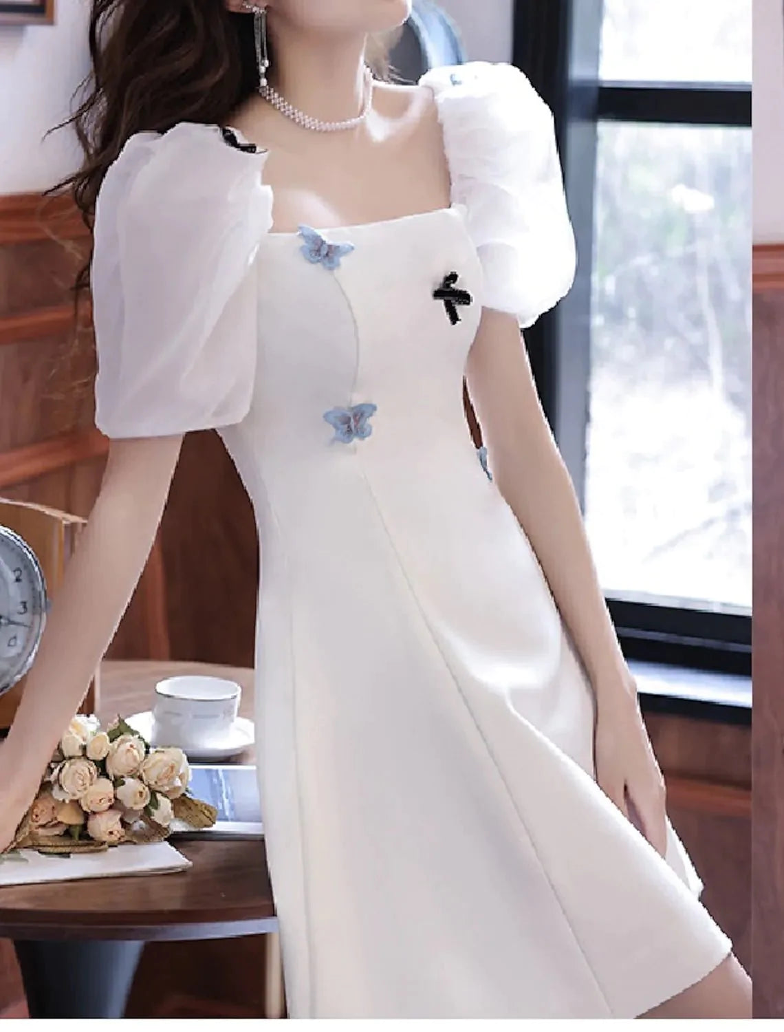 A-Line Bridesmaid Dress Square Neck Short Sleeve Elegant Short / Mini Satin with Bow(s) / Pleats - RongMoon