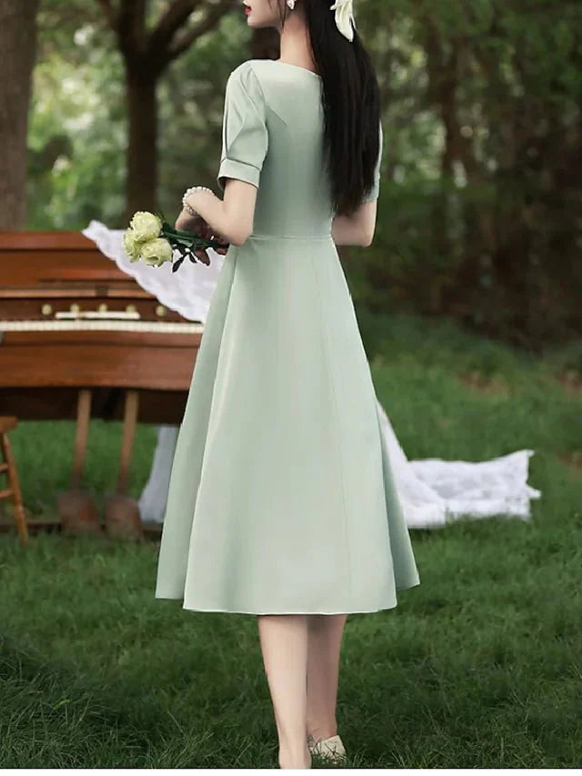 A-Line Bridesmaid Dress Square Neck Short Sleeve Elegant Tea Length Satin with Ruching / Solid Color - RongMoon