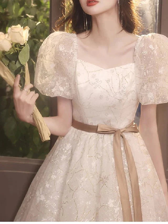A-Line Bridesmaid Dress Square Neck Short Sleeve Elegant Tea Length Tulle with Bow(s) / Pleats - RongMoon