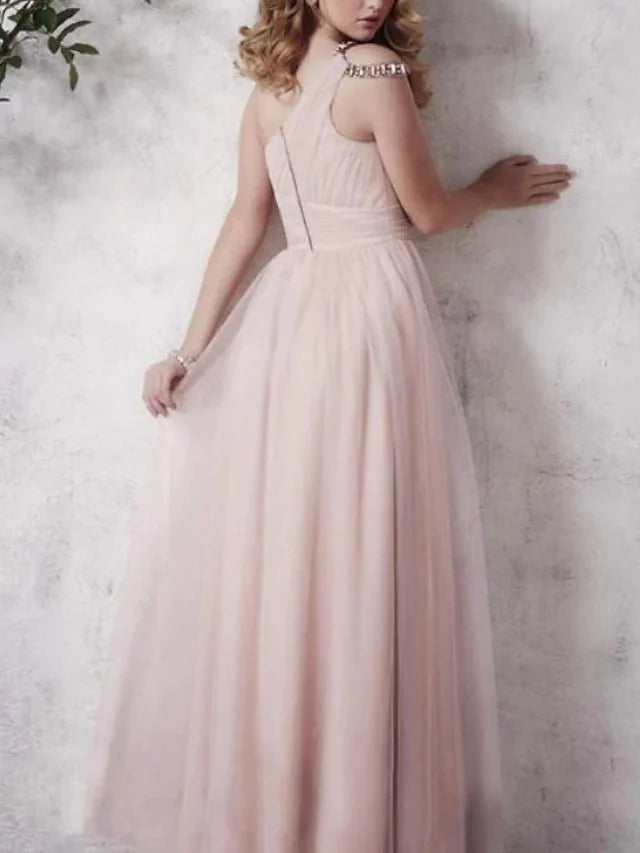 A-Line Bridesmaid Dress Square Neck / Spaghetti Strap Sleeveless Sexy Tea Length Tulle with Pleats - RongMoon