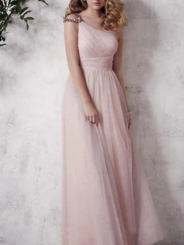 A-Line Bridesmaid Dress Square Neck / Spaghetti Strap Sleeveless Sexy Tea Length Tulle with Pleats - RongMoon
