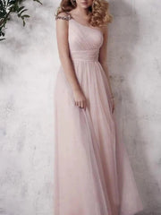A-Line Bridesmaid Dress Square Neck / Spaghetti Strap Sleeveless Sexy Tea Length Tulle with Pleats - RongMoon