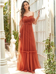 A-Line Bridesmaid Dress Strapless Short Sleeve Elegant Floor Length Tulle with Ruffles - RongMoon