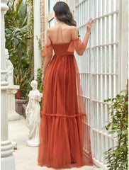 A-Line Bridesmaid Dress Strapless Short Sleeve Elegant Floor Length Tulle with Ruffles - RongMoon