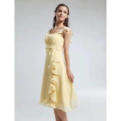 A-Line Bridesmaid Dress Straps Short Sleeve Elegant Knee Length Chiffon with Ruffles / Draping - RongMoon
