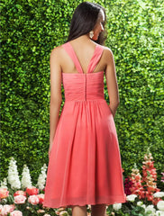 A-Line Bridesmaid Dress Straps Sleeveless Floral Knee Length Chiffon with Ruched / Ruffles / Side Draping - RongMoon