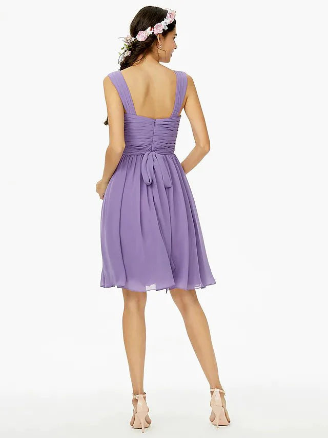 A-Line Bridesmaid Dress Straps Sleeveless Open Back Knee Length Chiffon with Sash / Ribbon / Bow(s) / Criss Cross - RongMoon