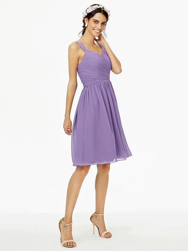 A-Line Bridesmaid Dress Straps Sleeveless Open Back Knee Length Chiffon with Sash / Ribbon / Bow(s) / Criss Cross - RongMoon