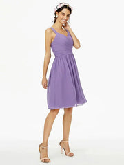 A-Line Bridesmaid Dress Straps Sleeveless Open Back Knee Length Chiffon with Sash / Ribbon / Bow(s) / Criss Cross - RongMoon
