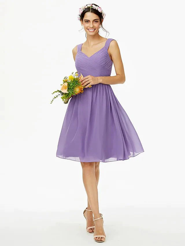A-Line Bridesmaid Dress Straps Sleeveless Open Back Knee Length Chiffon with Sash / Ribbon / Bow(s) / Criss Cross - RongMoon