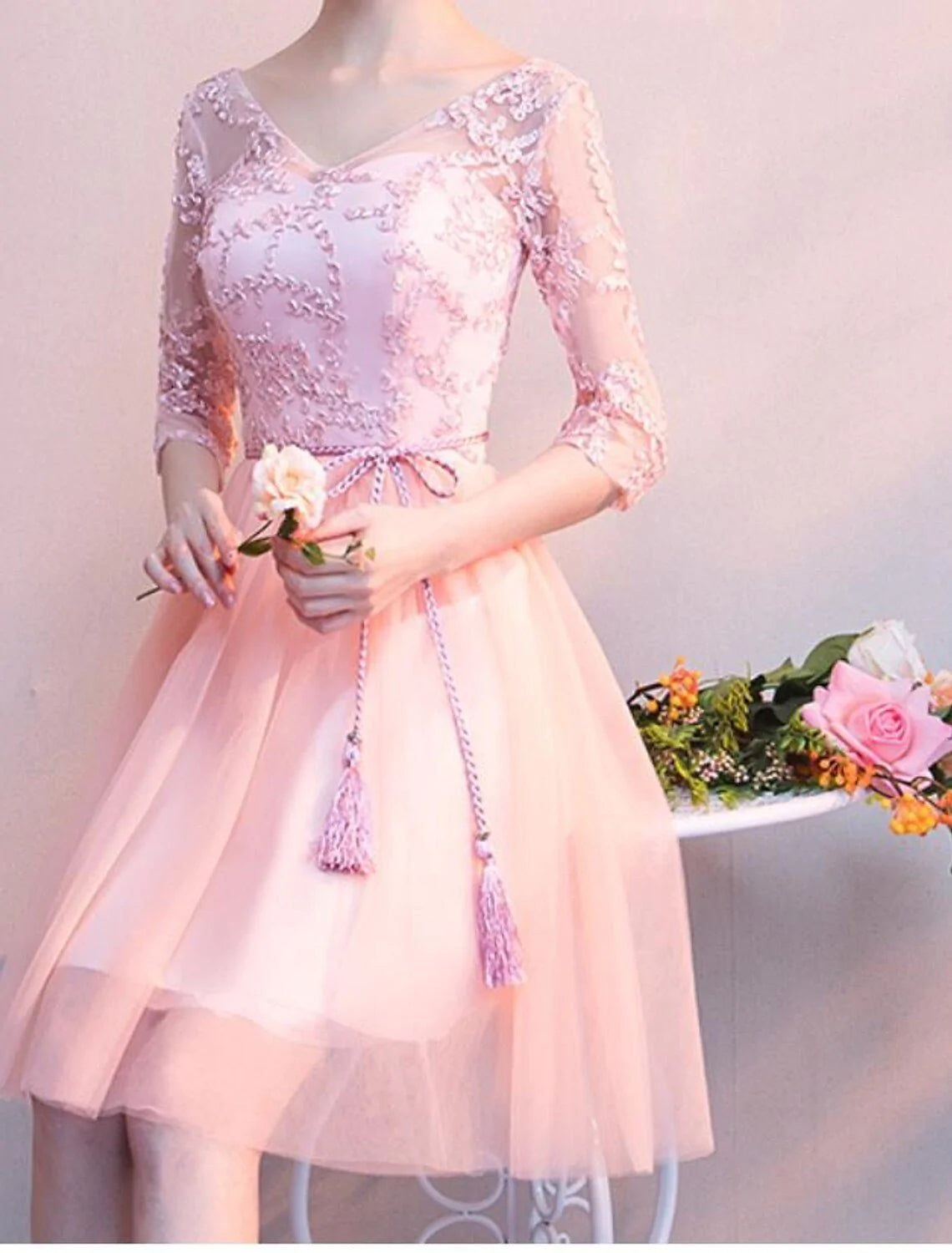 A-Line Bridesmaid Dress V Neck Half Sleeve Beautiful Back Knee Length Lace / Tulle with Appliques - RongMoon