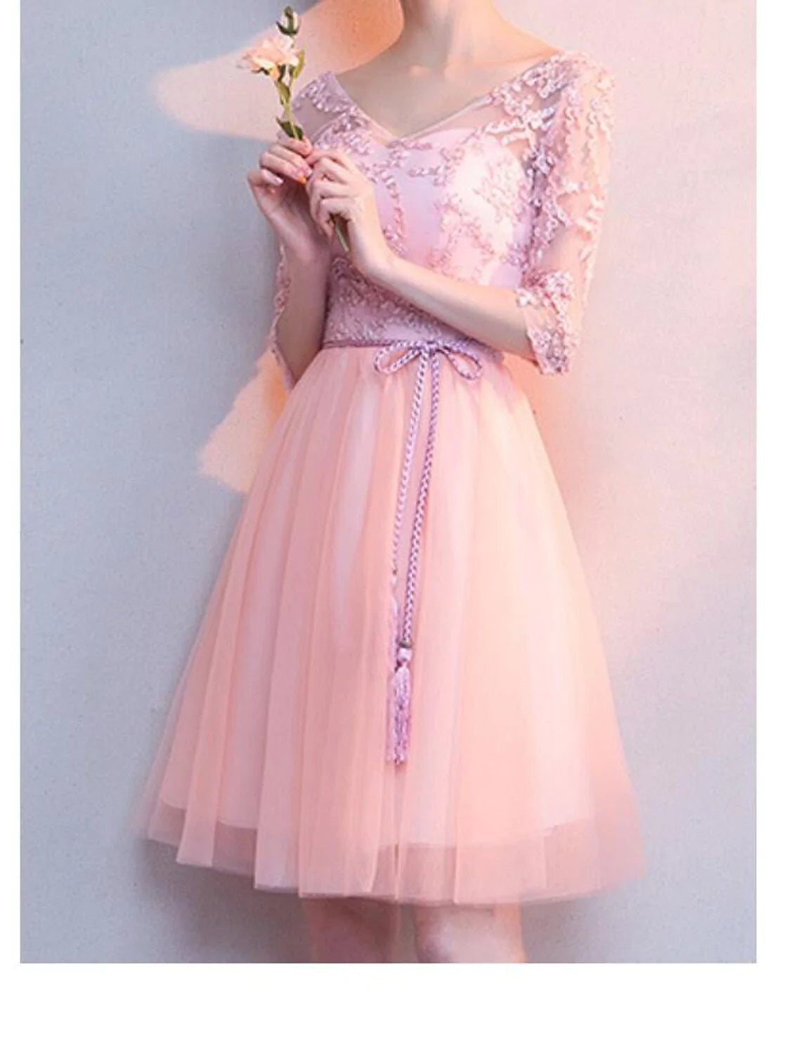 A-Line Bridesmaid Dress V Neck Half Sleeve Beautiful Back Knee Length Lace / Tulle with Appliques - RongMoon