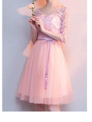 A-Line Bridesmaid Dress V Neck Half Sleeve Beautiful Back Knee Length Lace / Tulle with Appliques - RongMoon