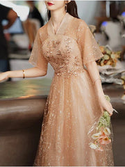 A-Line Bridesmaid Dress V Neck Half Sleeve Elegant Floor Length Tulle / Sequined with Pleats / Sequin - RongMoon