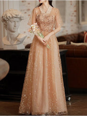 A-Line Bridesmaid Dress V Neck Half Sleeve Elegant Floor Length Tulle / Sequined with Pleats / Sequin - RongMoon