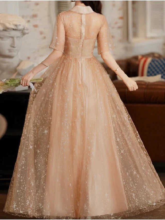A-Line Bridesmaid Dress V Neck Half Sleeve Elegant Floor Length Tulle / Sequined with Pleats / Sequin - RongMoon