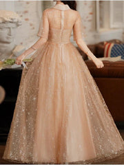 A-Line Bridesmaid Dress V Neck Half Sleeve Elegant Floor Length Tulle / Sequined with Pleats / Sequin - RongMoon