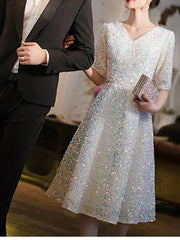 A-Line Bridesmaid Dress V Neck Half Sleeve Elegant Knee Length Sequined with Pleats / Sequin - RongMoon