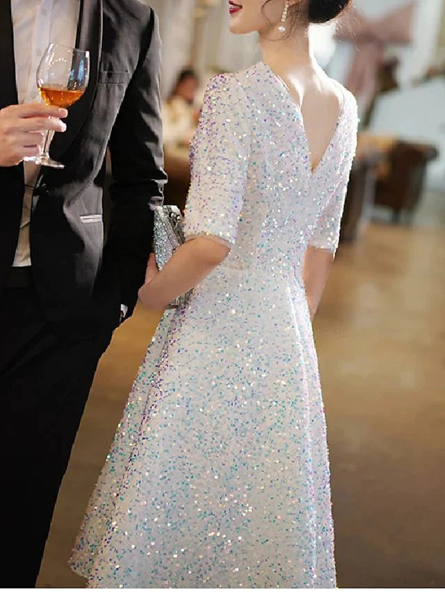 A-Line Bridesmaid Dress V Neck Half Sleeve Elegant Knee Length Sequined with Pleats / Sequin - RongMoon