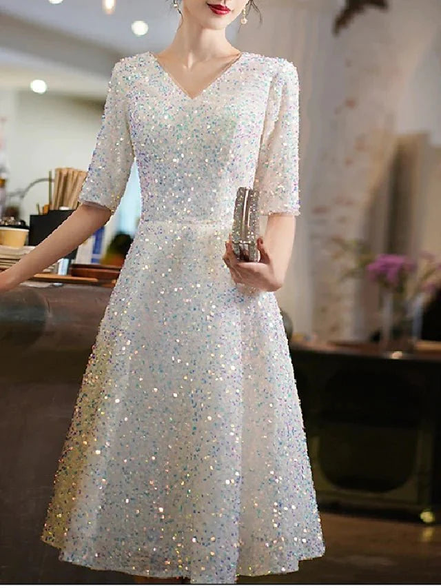 A-Line Bridesmaid Dress V Neck Half Sleeve Elegant Knee Length Sequined with Pleats / Sequin - RongMoon