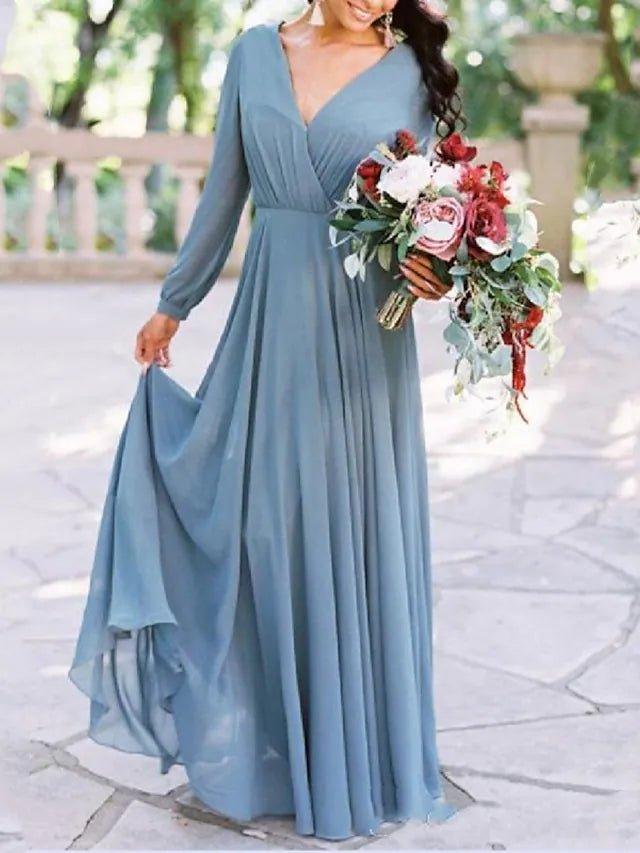 A-Line Bridesmaid Dress V Neck Long Sleeve Beautiful Back Floor Length Chiffon with Pleats / Solid Color - RongMoon