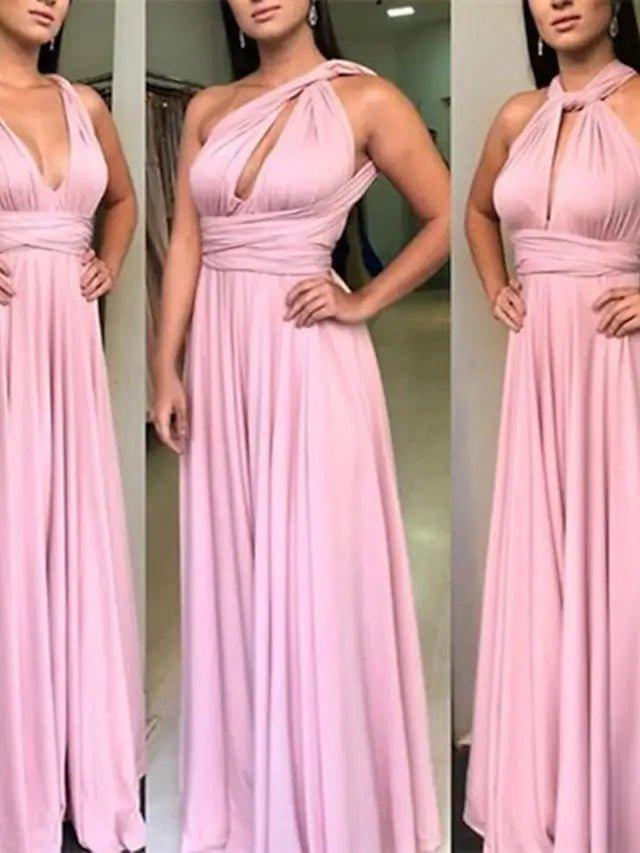 A-Line Bridesmaid Dress V Neck Long Sleeve Sexy Floor Length Spandex with Sash / Ribbon / Pleats - RongMoon