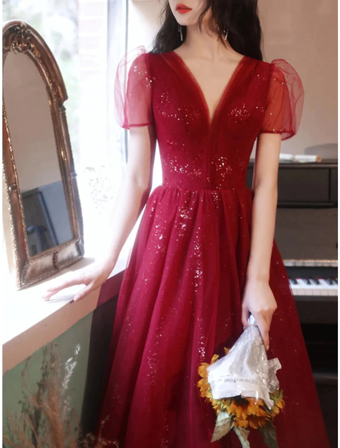A-Line Bridesmaid Dress V Neck Short Sleeve Elegant Ankle Length Tulle with Sequin - RongMoon