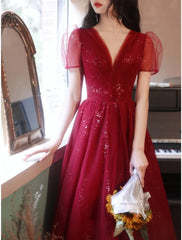 A-Line Bridesmaid Dress V Neck Short Sleeve Elegant Ankle Length Tulle with Sequin - RongMoon