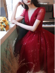 A-Line Bridesmaid Dress V Neck Short Sleeve Elegant Ankle Length Tulle with Sequin - RongMoon