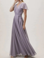 A-Line Bridesmaid Dress V Neck Short Sleeve Elegant Floor Length Chiffon / Lace with Sash / Ribbon / Pleats - RongMoon