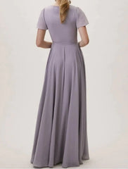 A-Line Bridesmaid Dress V Neck Short Sleeve Elegant Floor Length Chiffon / Lace with Sash / Ribbon / Pleats - RongMoon