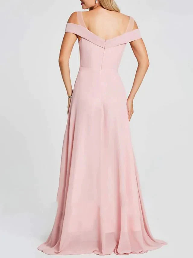 A-Line Bridesmaid Dress V Neck Short Sleeve Elegant Floor Length Polyester with Pleats - RongMoon
