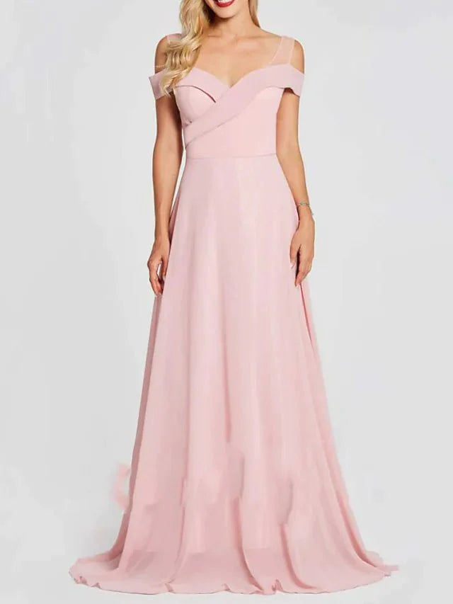 A-Line Bridesmaid Dress V Neck Short Sleeve Elegant Floor Length Polyester with Pleats - RongMoon