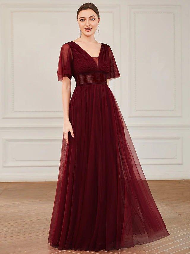 A-Line Bridesmaid Dress V Neck Short Sleeve Plus Size Floor Length Tulle with Ruffles / Draping / Tier - RongMoon