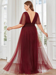 A-Line Bridesmaid Dress V Neck Short Sleeve Plus Size Floor Length Tulle with Ruffles / Draping / Tier - RongMoon