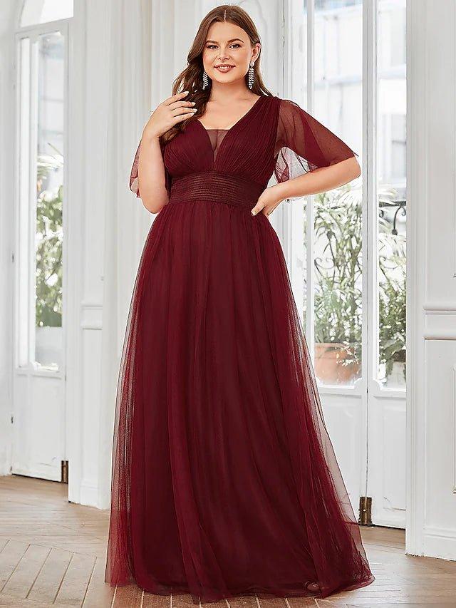 A-Line Bridesmaid Dress V Neck Short Sleeve Plus Size Floor Length Tulle with Ruffles / Draping / Tier - RongMoon