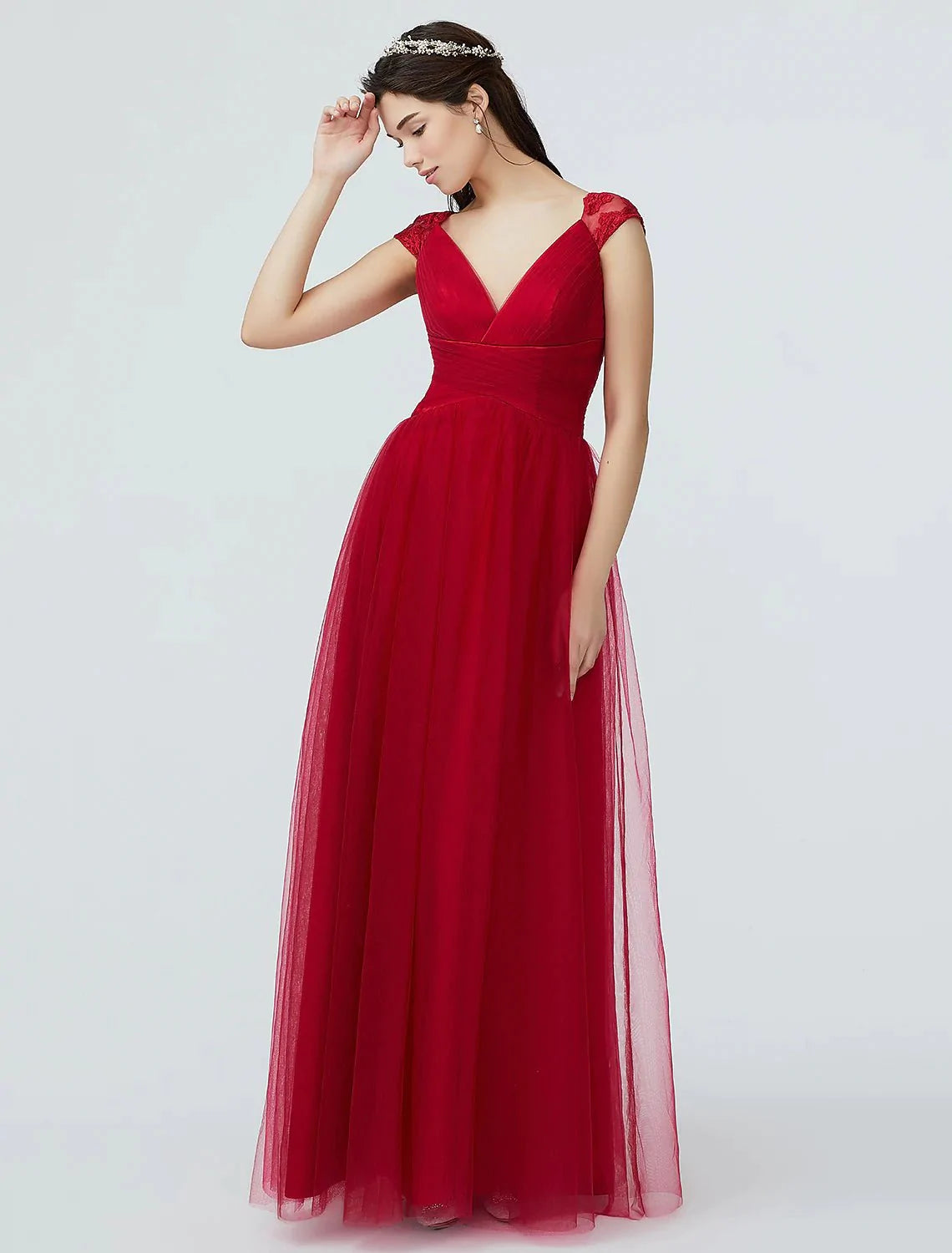 A-Line Bridesmaid Dress V Neck Short Sleeve Sparkle & Shine Floor Length Lace / Tulle with Lace / Pleats - RongMoon