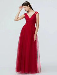 A-Line Bridesmaid Dress V Neck Short Sleeve Sparkle & Shine Floor Length Lace / Tulle with Lace / Pleats - RongMoon