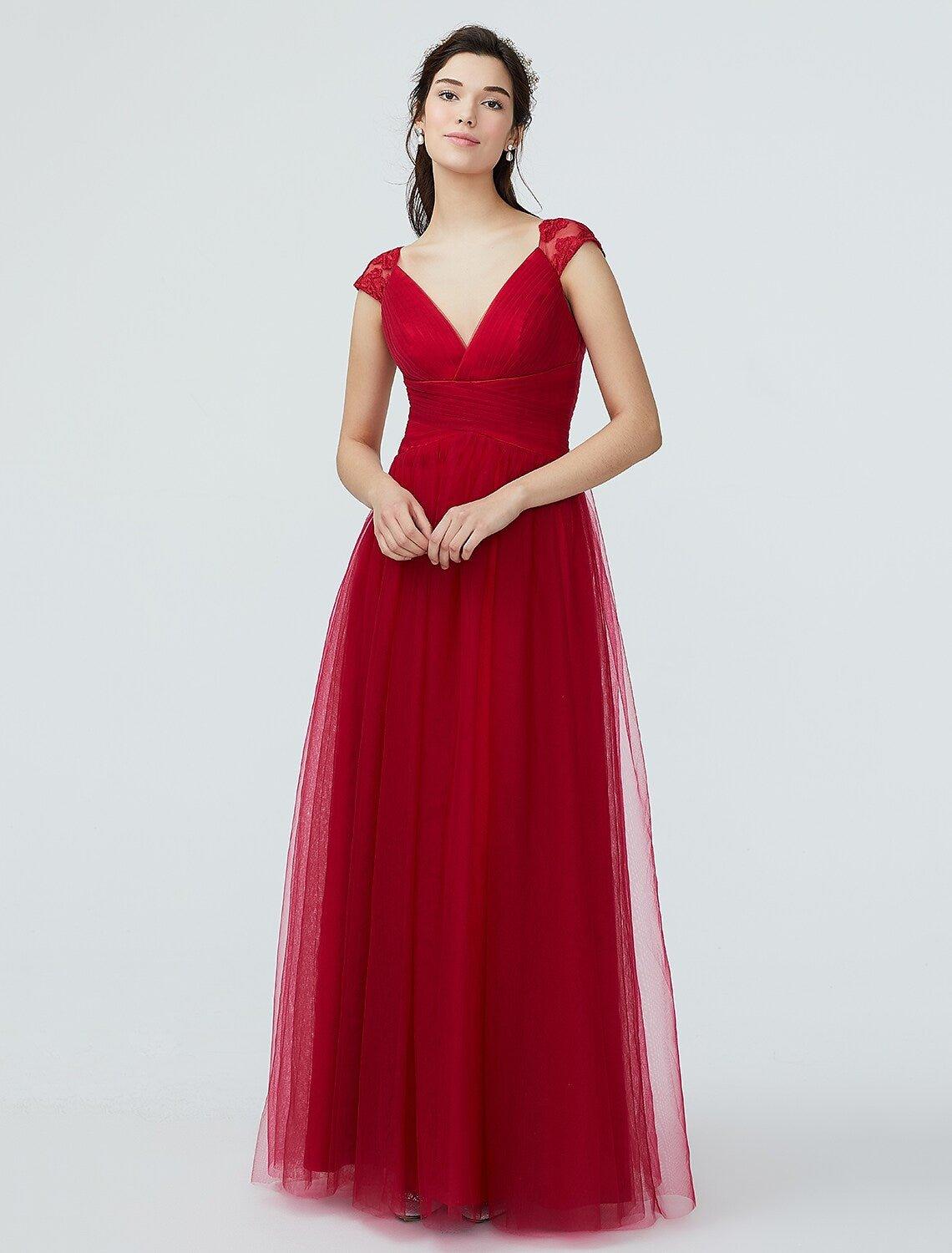 A-Line Bridesmaid Dress V Neck Short Sleeve Sparkle & Shine Floor Length Lace / Tulle with Lace / Pleats - RongMoon