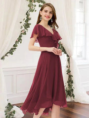 A-Line Bridesmaid Dress V Neck Sleeveless Beautiful Back Knee Length Chiffon with Ruching - RongMoon