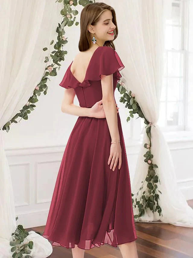 A-Line Bridesmaid Dress V Neck Sleeveless Beautiful Back Knee Length Chiffon with Ruching - RongMoon