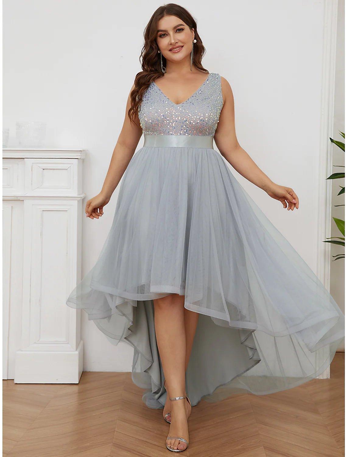 A-Line Bridesmaid Dress V Neck Sleeveless Elegant Asymmetrical Sequined with Sequin / Tier - RongMoon