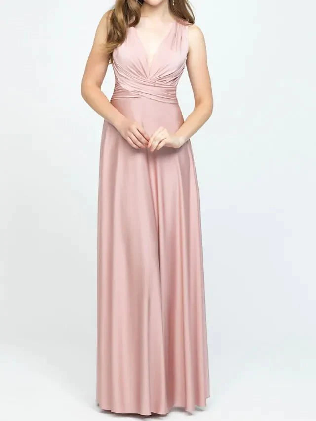A-Line Bridesmaid Dress V Neck Sleeveless Elegant Floor Length Charmeuse with Pleats / Draping - RongMoon