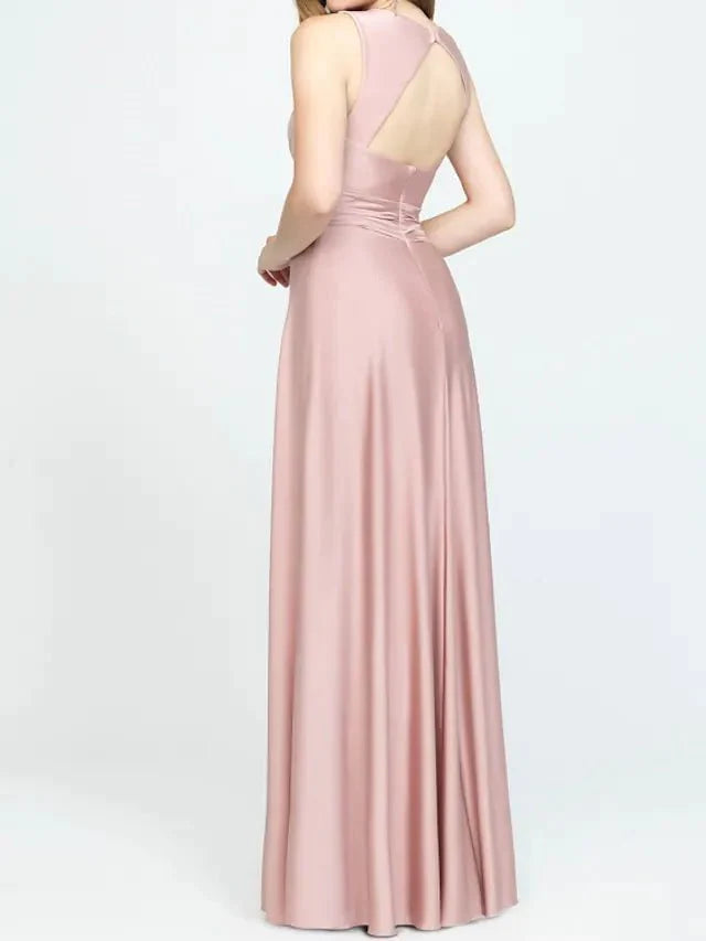 A-Line Bridesmaid Dress V Neck Sleeveless Elegant Floor Length Charmeuse with Pleats / Draping - RongMoon
