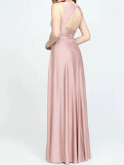 A-Line Bridesmaid Dress V Neck Sleeveless Elegant Floor Length Charmeuse with Pleats / Draping - RongMoon