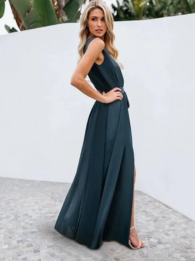 A-Line Bridesmaid Dress V Neck Sleeveless Elegant Floor Length Chiffon with Bow(s) / Pleats / Slit - RongMoon