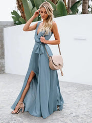 A-Line Bridesmaid Dress V Neck Sleeveless Elegant Floor Length Chiffon with Bow(s) / Pleats / Slit - RongMoon