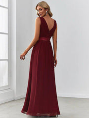 A-Line Bridesmaid Dress V Neck Sleeveless Elegant Floor Length Chiffon with Draping / Crystal Brooch / Ruching - RongMoon