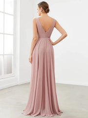 A-Line Bridesmaid Dress V Neck Sleeveless Elegant Floor Length Chiffon with Pleats / Ruffles / Tier - RongMoon